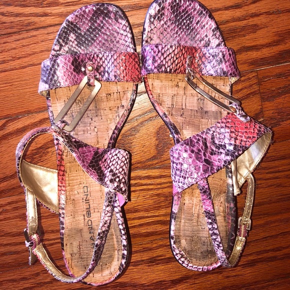 Snake Print Heels Orange Pink Sandals - Picture 4 of 5